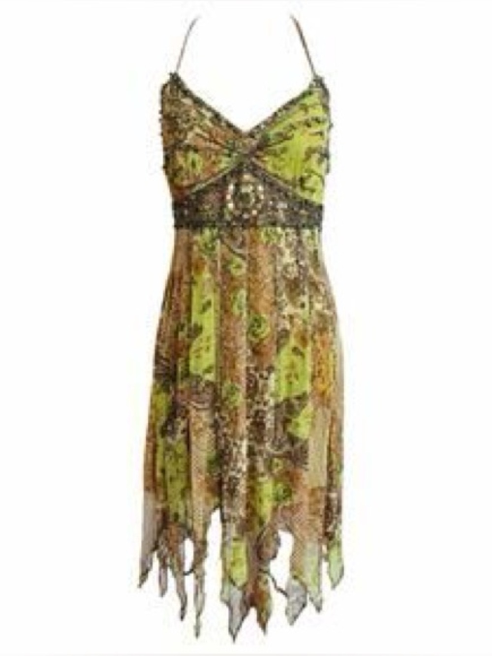 Sue Wong Silk Green and Brown Strapless Beaded Dress
